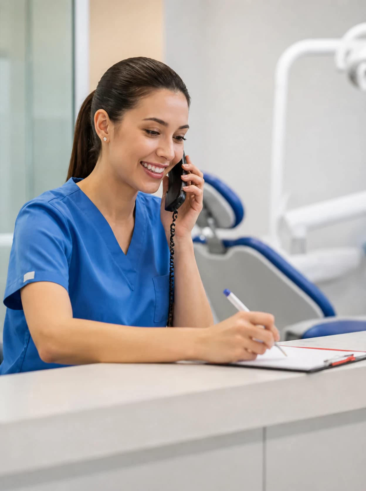 Dental clinic receptionist scheduling a patient visit