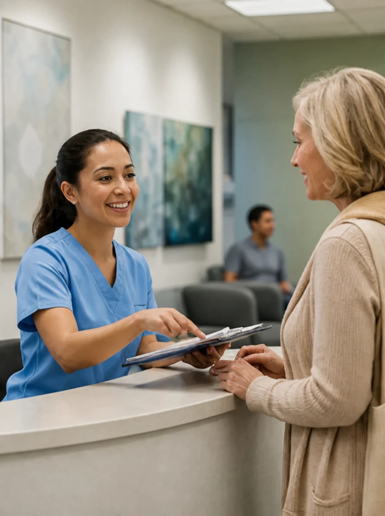 Clinic receptionist helping a patient with an appointment
