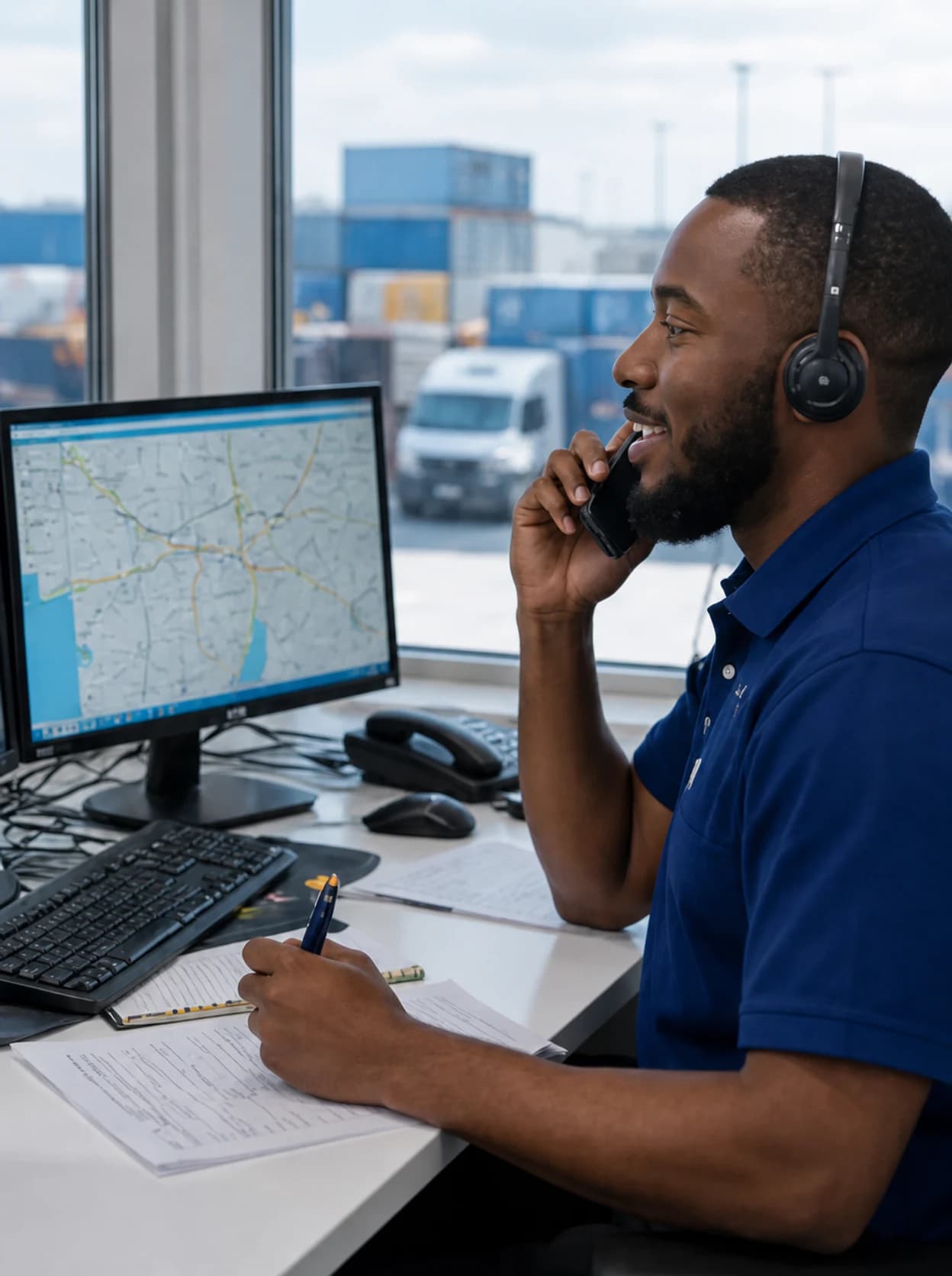 Logistics dispatcher coordinating a customer delivery