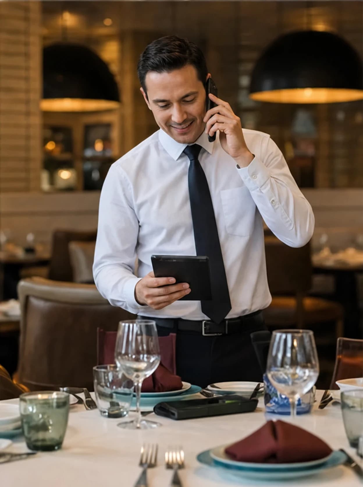 Restaurant manager handling a customer reservation