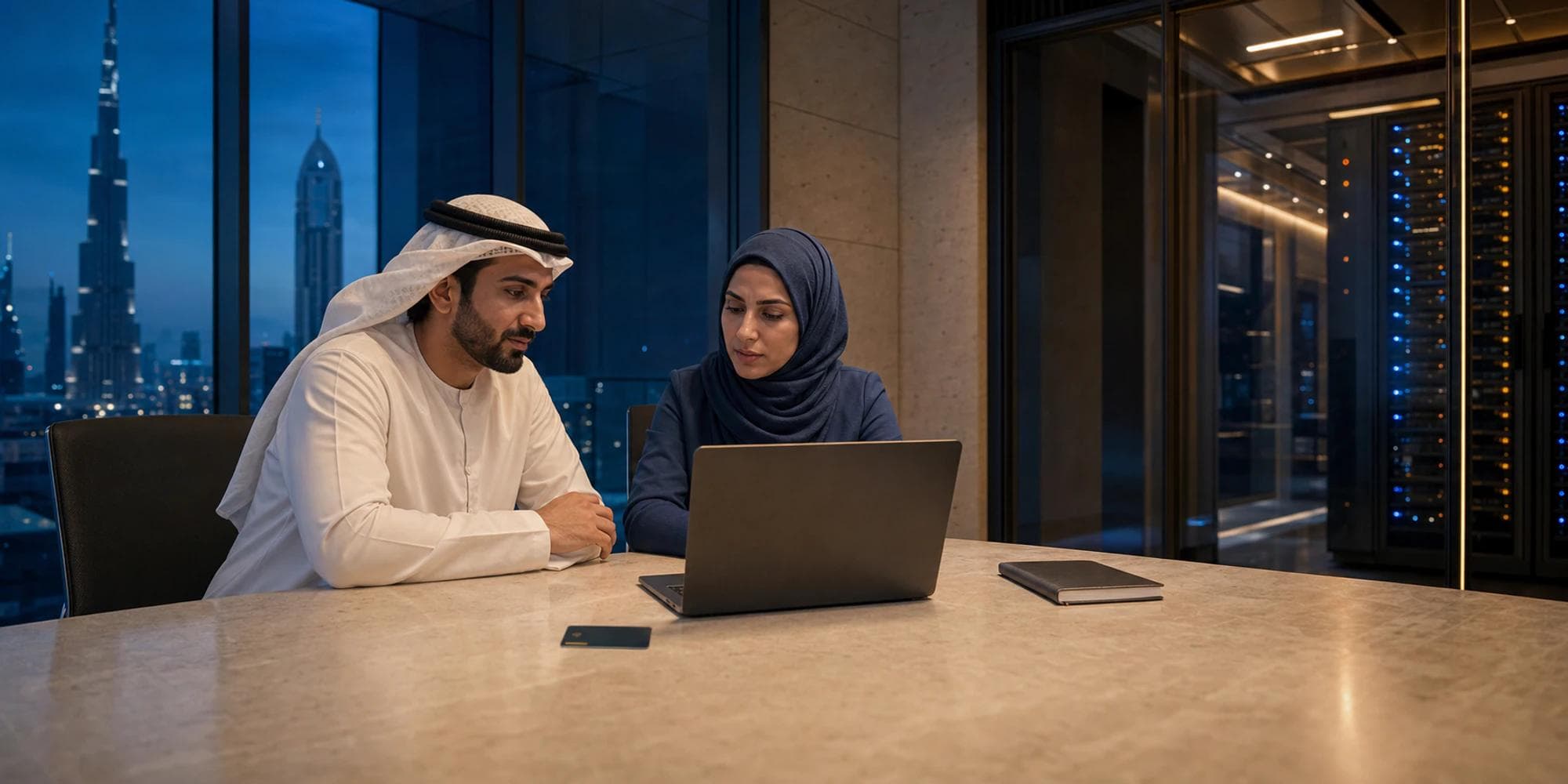 قائدا عمليات العملاء والأمان يراجعان تدفق وصول محكوماً للذكاء الاصطناعي في مكتب بدبي