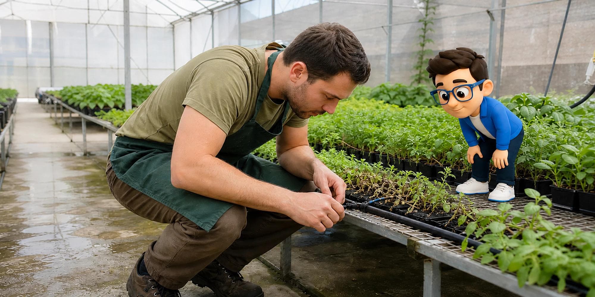 Trabajador de vivero revisa una línea de riego bloqueada mientras el Context Keeper observa las plantas afectadas