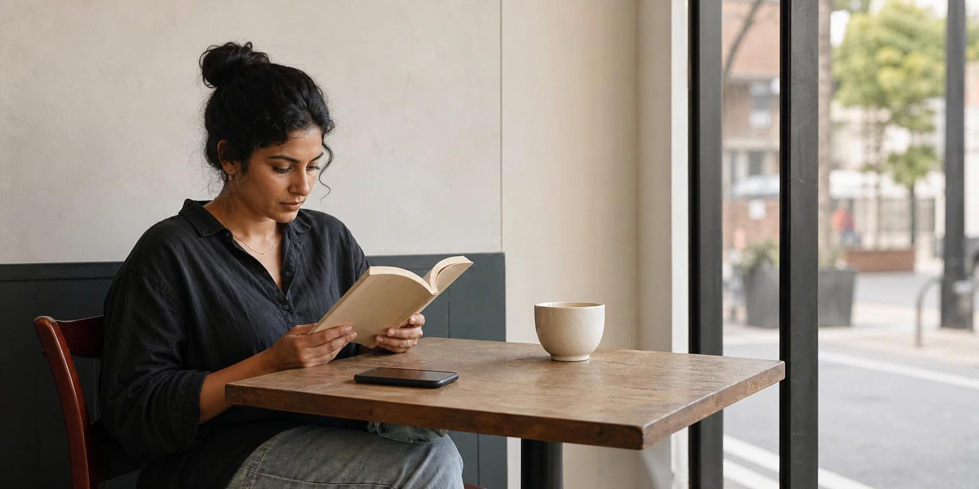 عميلة تقرأ في مقهى نهاري بينما يستقر هاتف ذكي مقلوباً على الطاولة