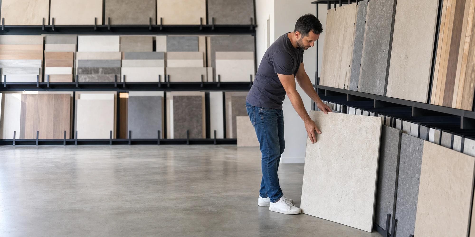 Medewerker van een vloerenshowroom bereidt een lichte steenstaal voor in daglicht