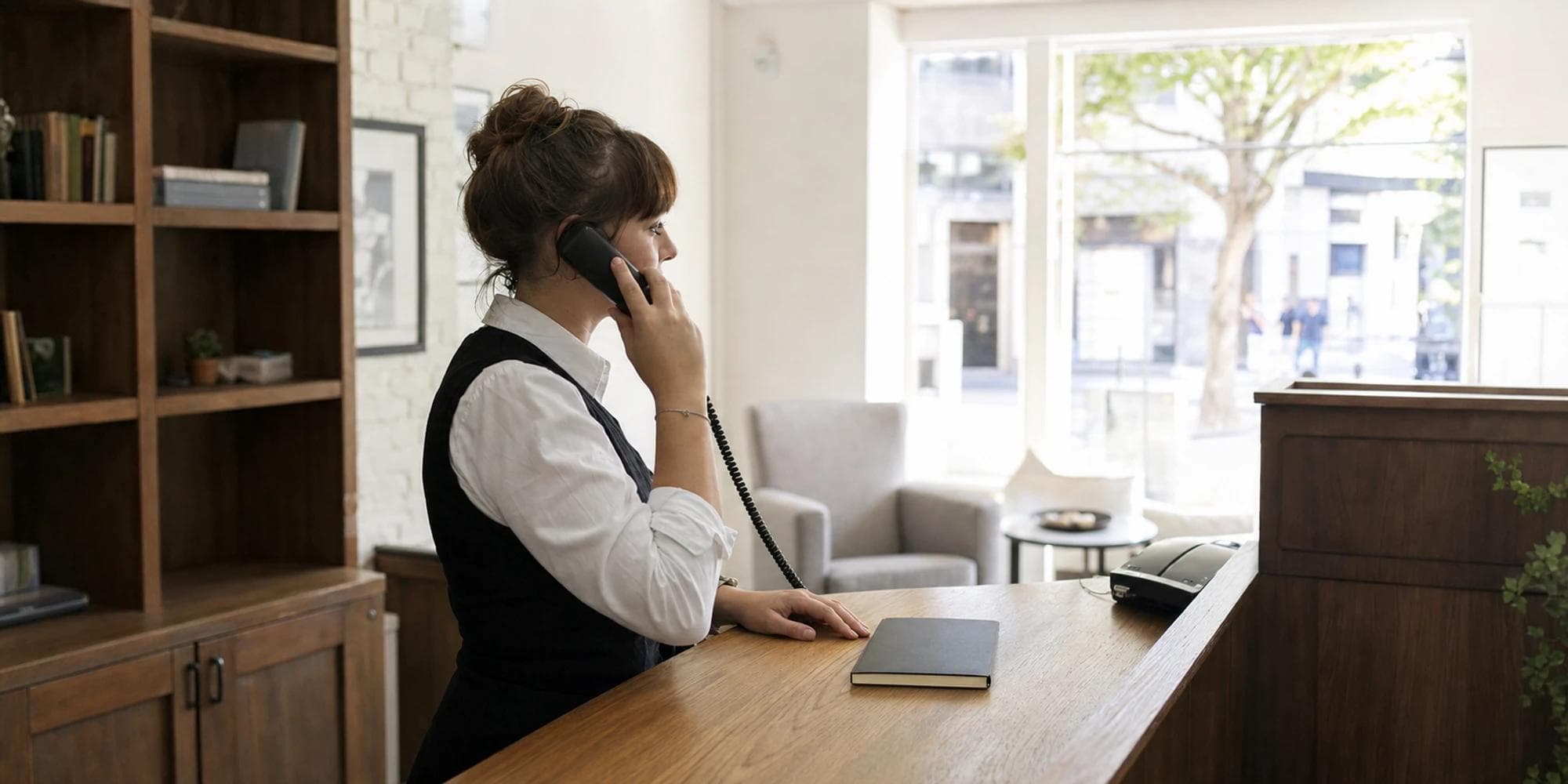 Hotelmedewerker luistert naar een gastgesprek bij een lichte receptie overdag