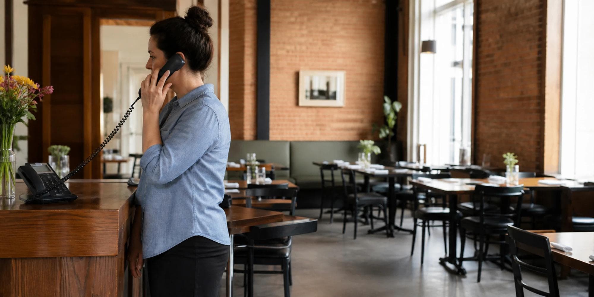 A restaurant manager makes a support call beside a quiet daytime dining room.