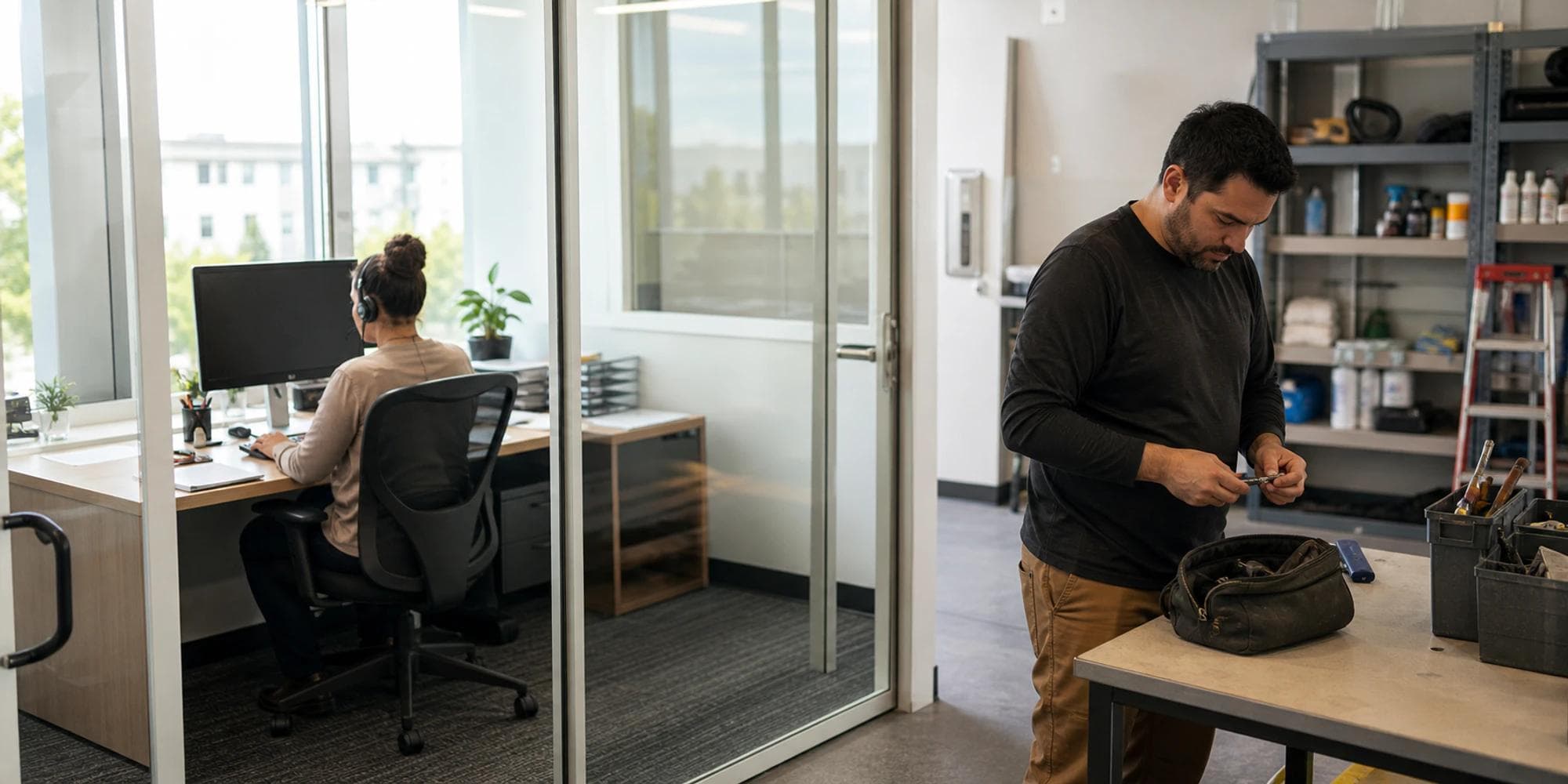 Support coordinator in a glass office beside a facilities colleague in a separate work area