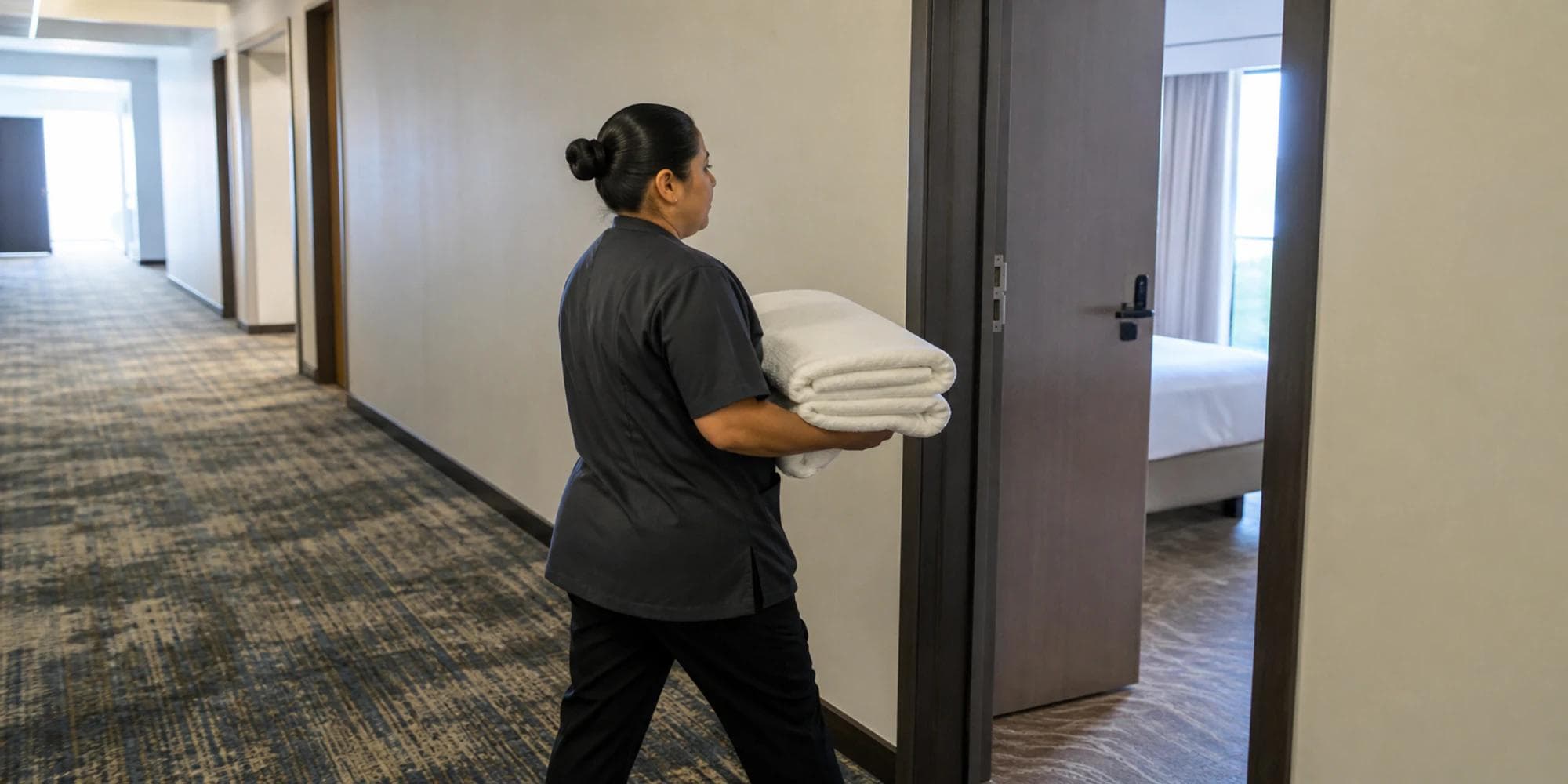 Housekeeping employee carries fresh towels toward an open hotel room in daylight