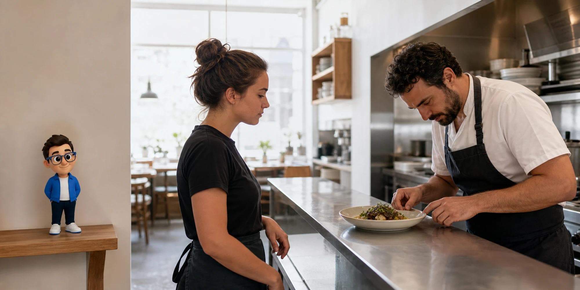 Server stays beside a chef inspecting a dish while the Context Keeper observes