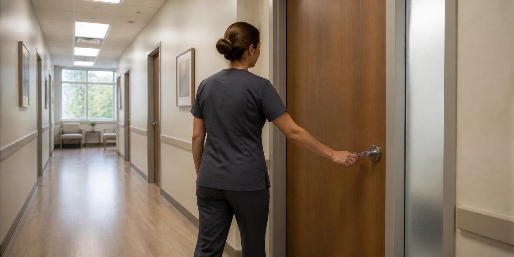 A clinic employee closes a consultation room door in a quiet daylight corridor.