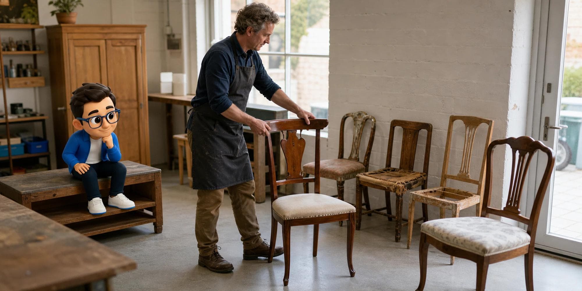 Furniture restorer moving a completed chair while the Context Keeper reviews the waiting work