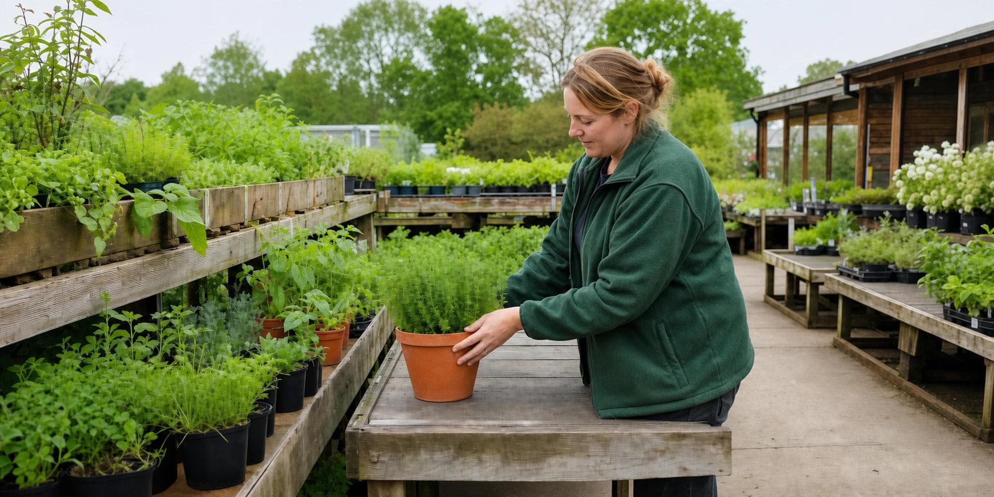 Garden-centre employee placing a potted herb on a pickup bench in natural daylight
