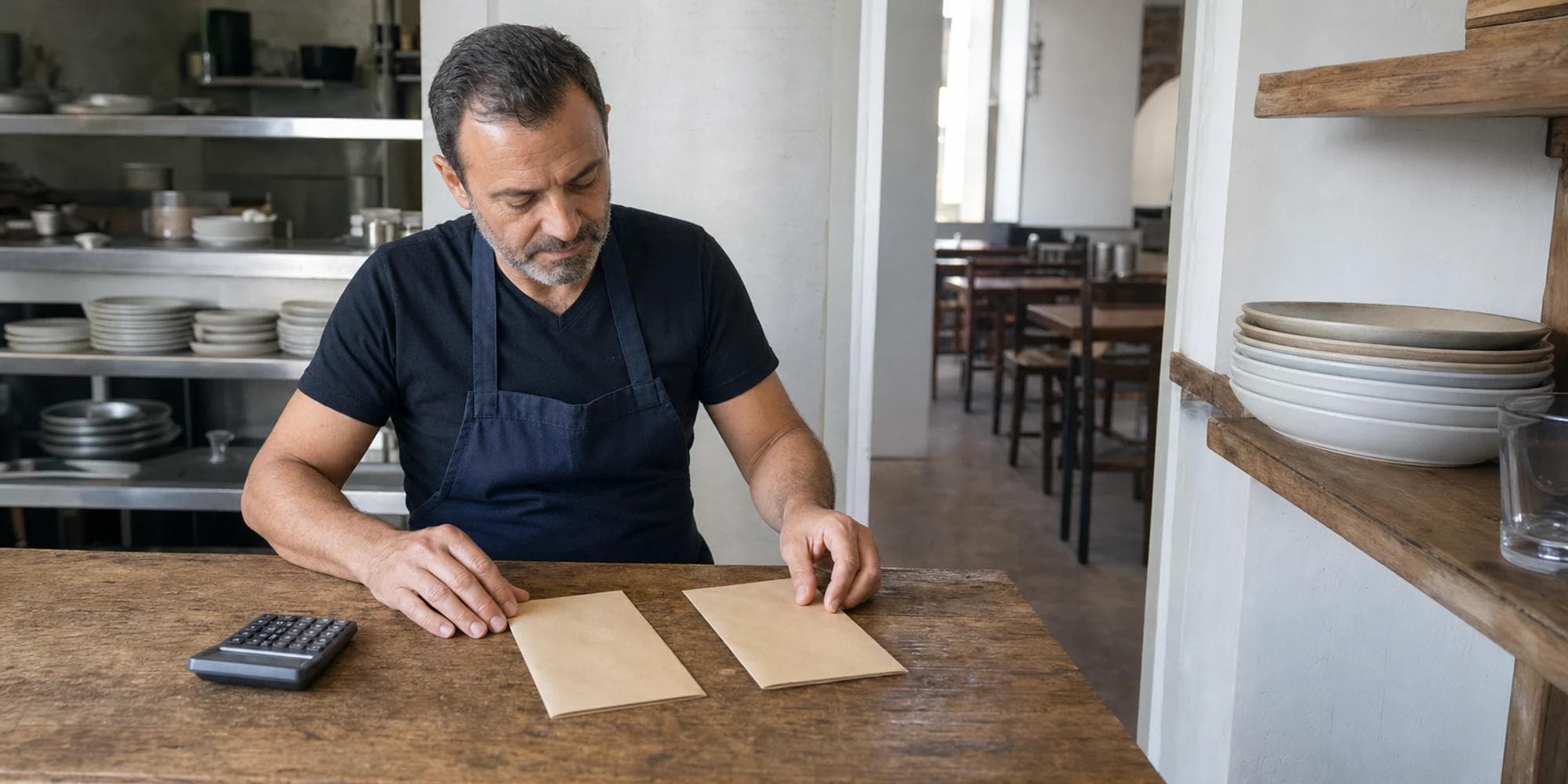 Restauranteigenaar bekijkt twee blanco enveloppen naast een rekenmachine in een lichte werkruimte