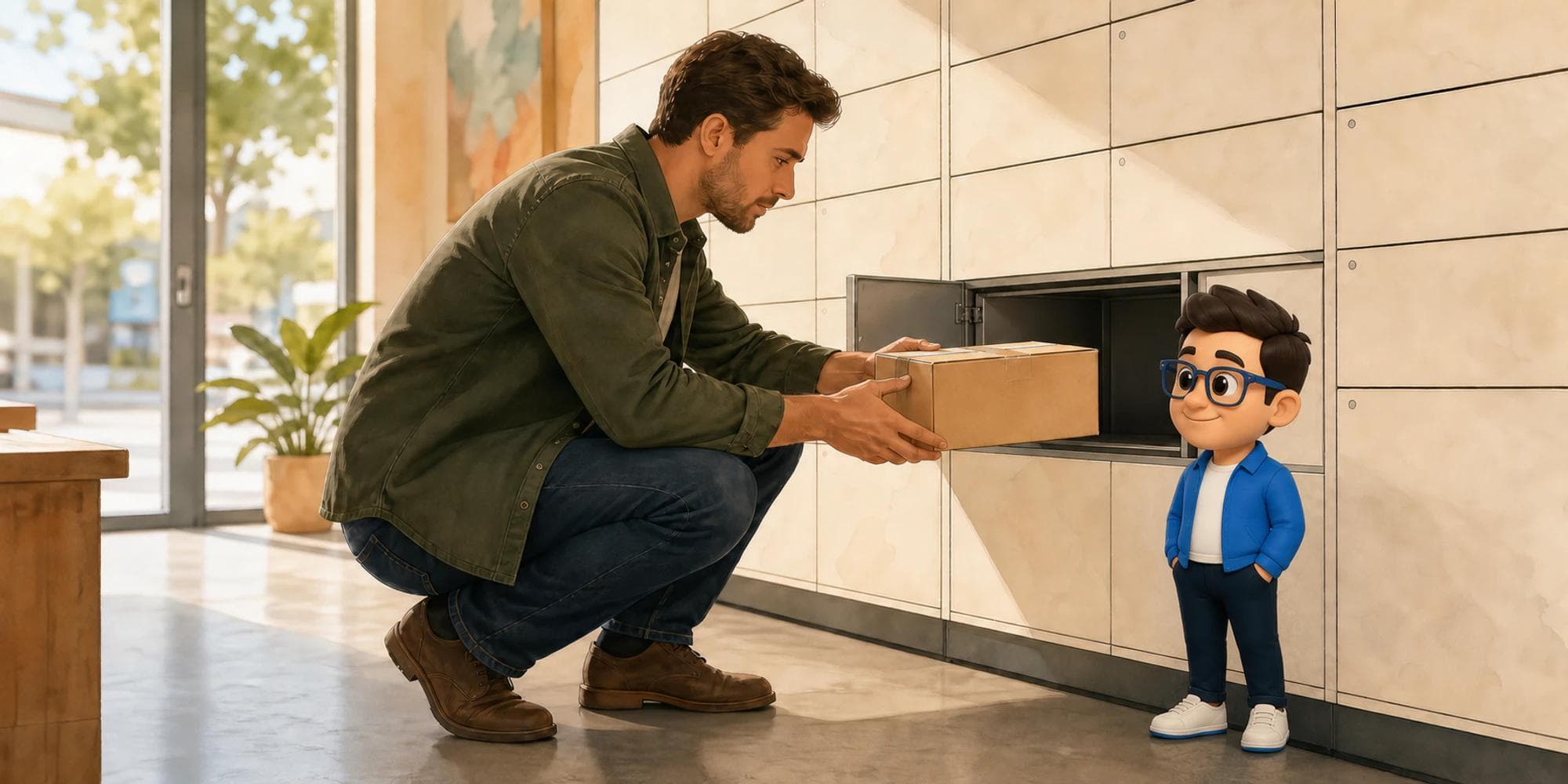 Parcel pickup operator testing an automated locker while the Context Keeper observes