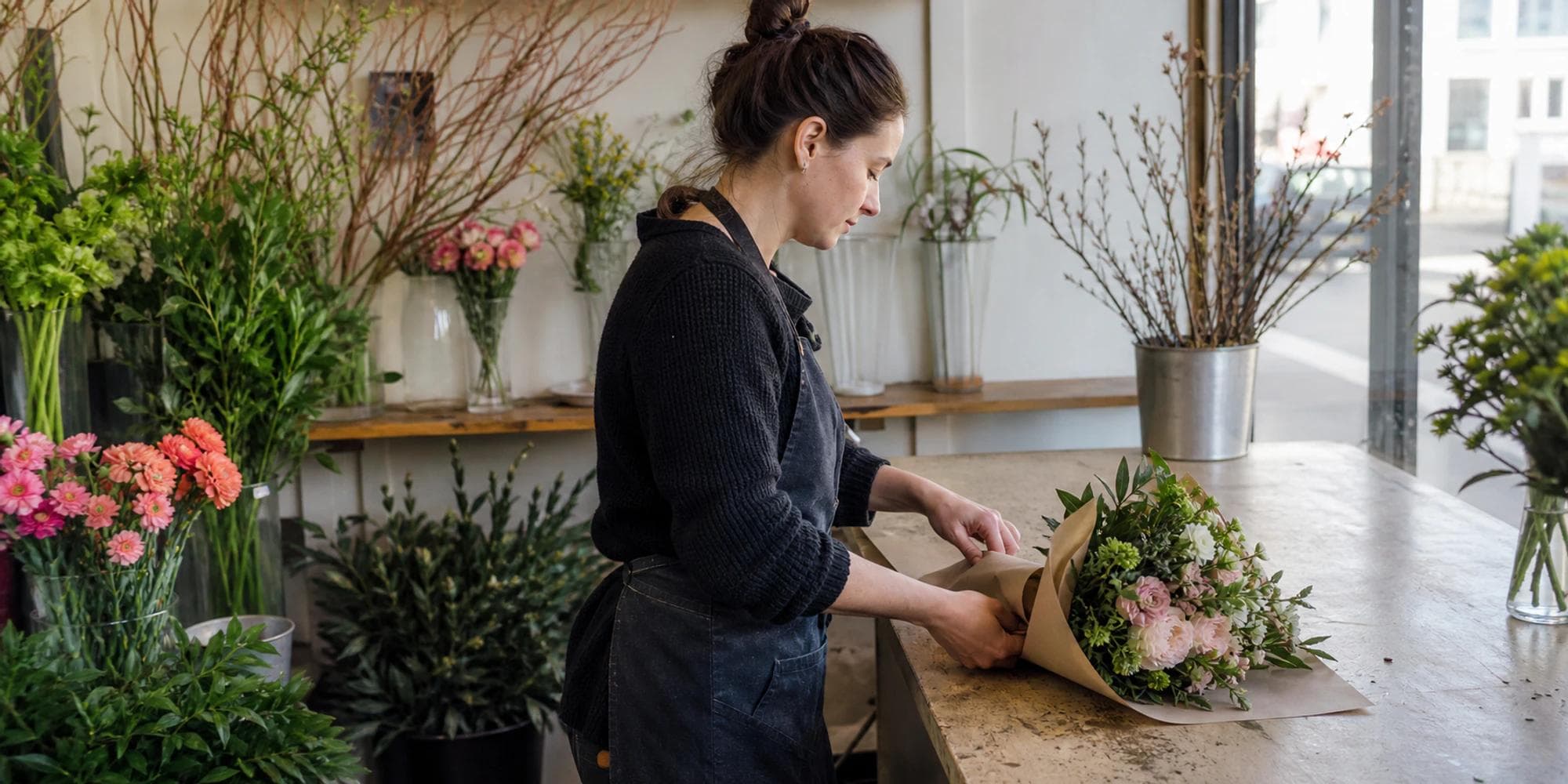 Una florista envuelve un ramo terminado en una mesa iluminada para una recogida acordada con el cliente.