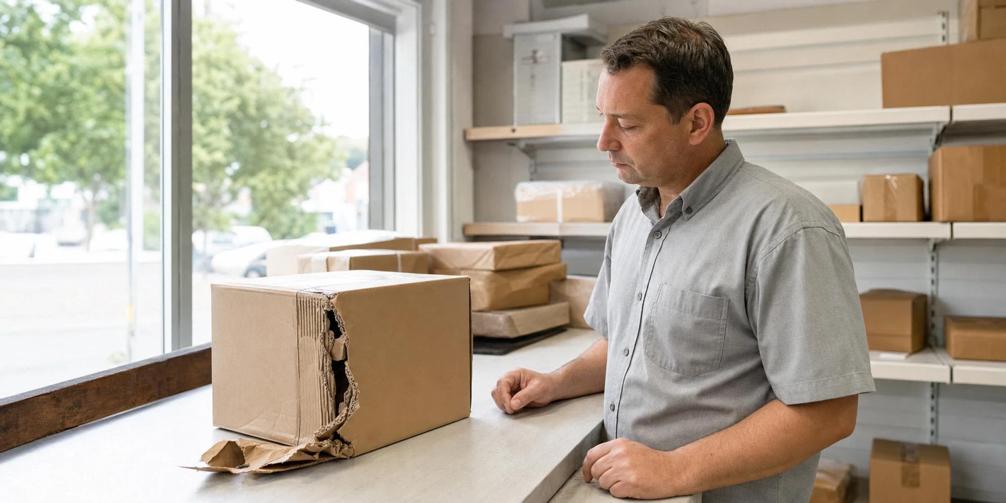 Een medewerker van een pakketdepot bekijkt een beschadigde doos bij een lichte retourbalie overdag.