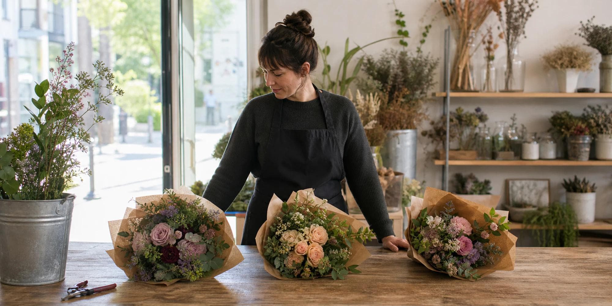 Flower-studio owner reviewing three finished customer bouquets in bright natural daylight