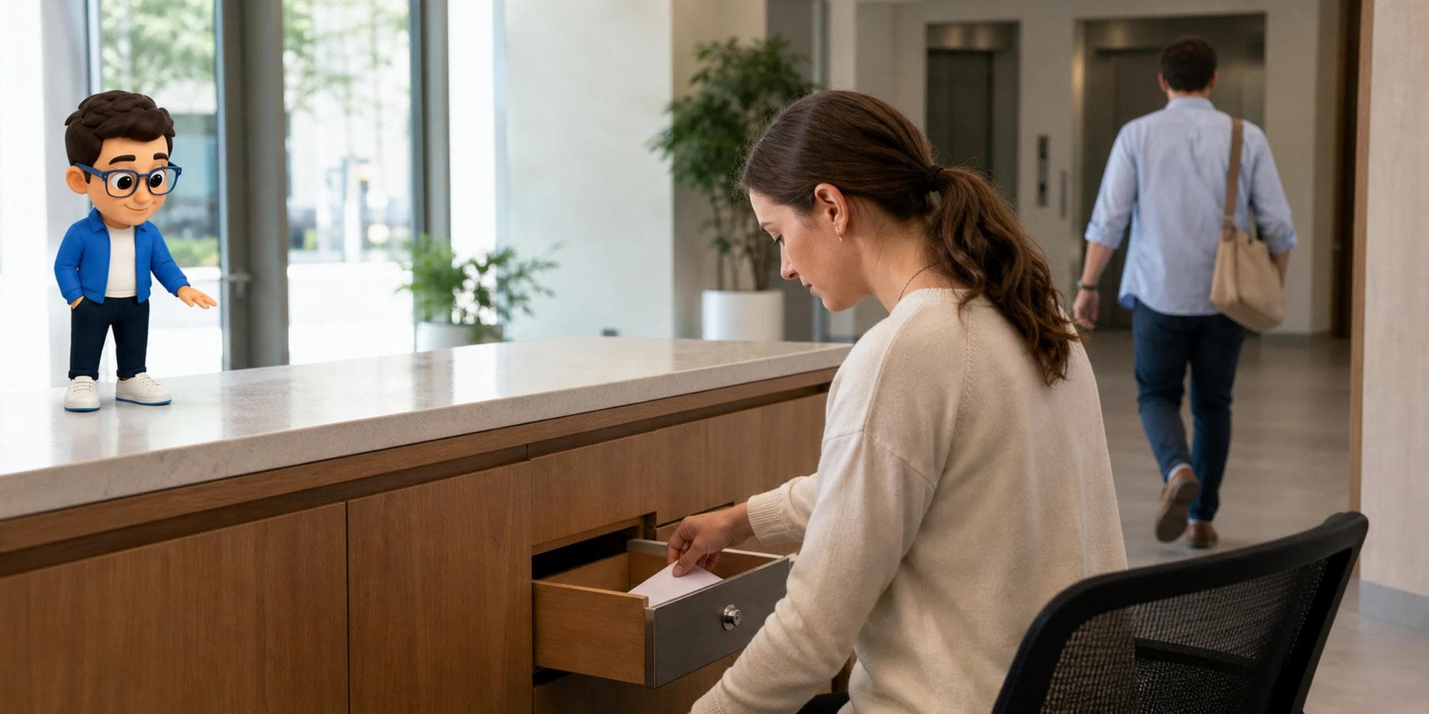 موظفة استقبال تحفظ نموذج زائر بينما يراجع حارس السياق حدود الوصول