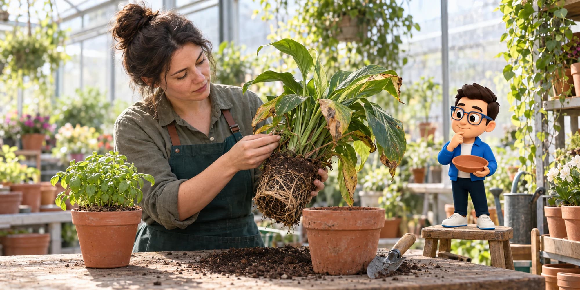A plant specialist examines a root-bound damaged plant beside a simple healthy herb while the Context Keeper compares the work.