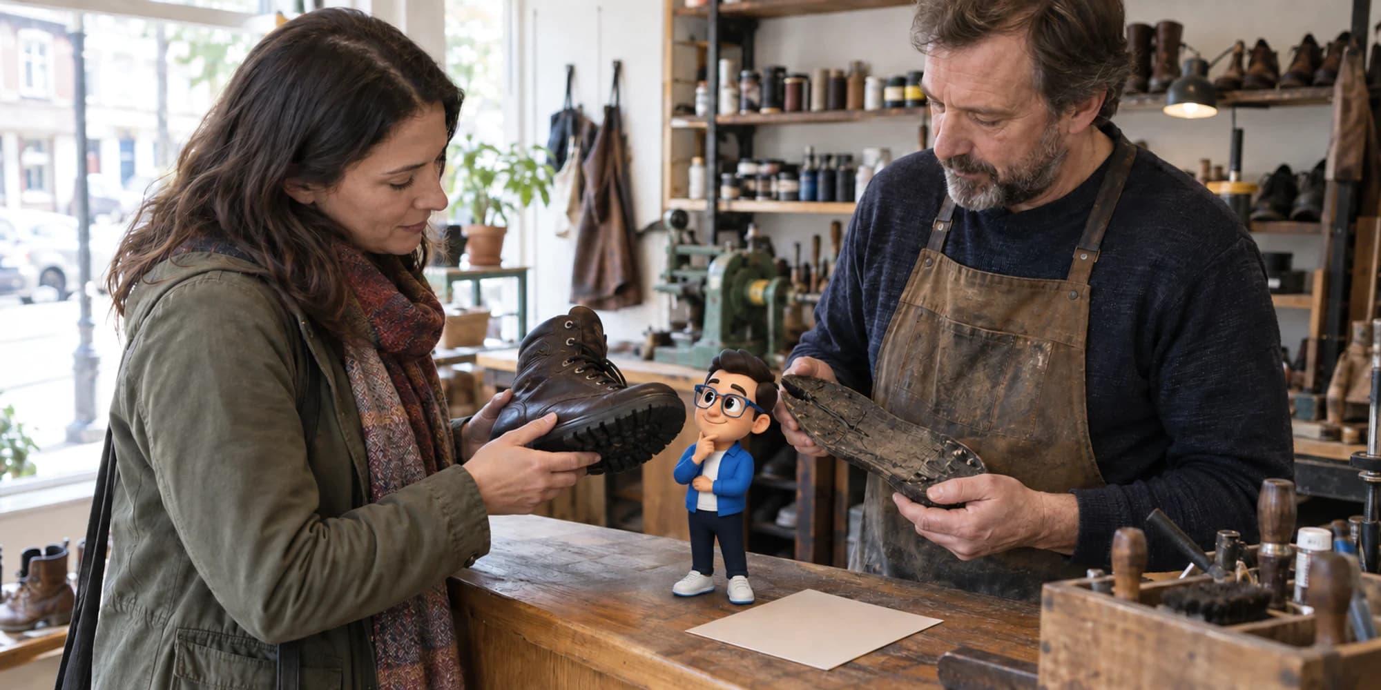A customer and cobbler inspect a repaired boot while the Context Keeper compares the removed sole and blank job card.