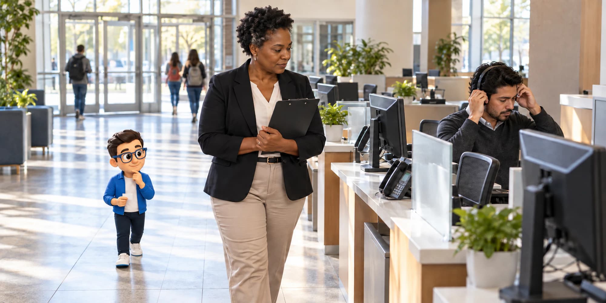 A support supervisor checks service stations while the Context Keeper listens during a forecasting migration rehearsal.