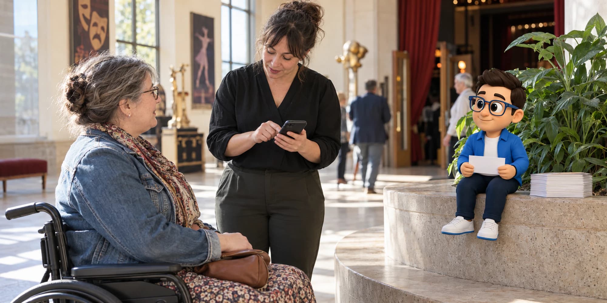 A theatre employee confirms an accessible seating request with a customer in a bright lobby