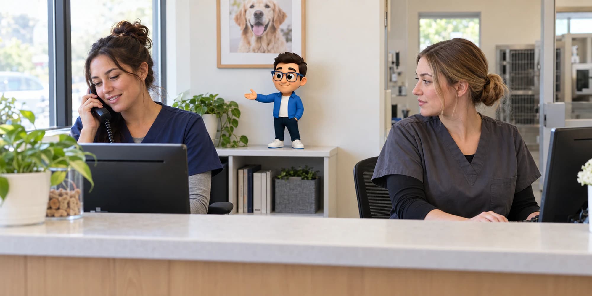 Dos recepcionistas de una clínica veterinaria coordinan una llamada mientras el Guardián del Contexto señala a la responsable activa.