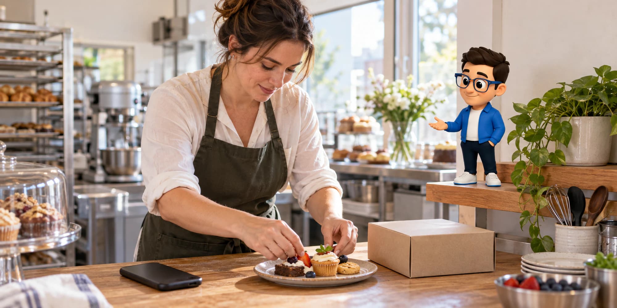 A bakery coordinator prepares a catering sample while the Context Keeper tracks the waiting enquiry.