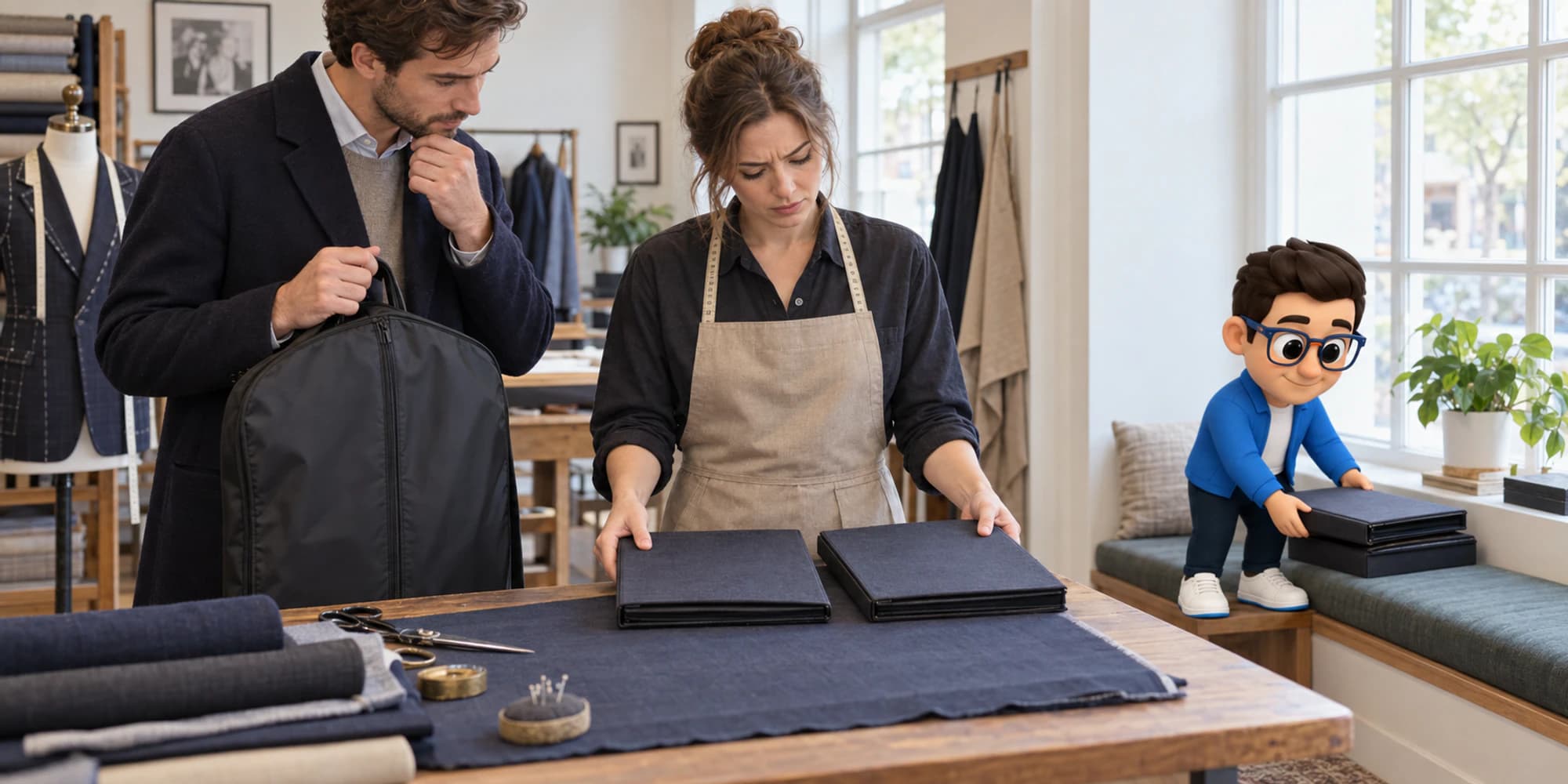 A tailor and prospective client compare duplicate consultation portfolios while the Context Keeper stacks the redundant copy.