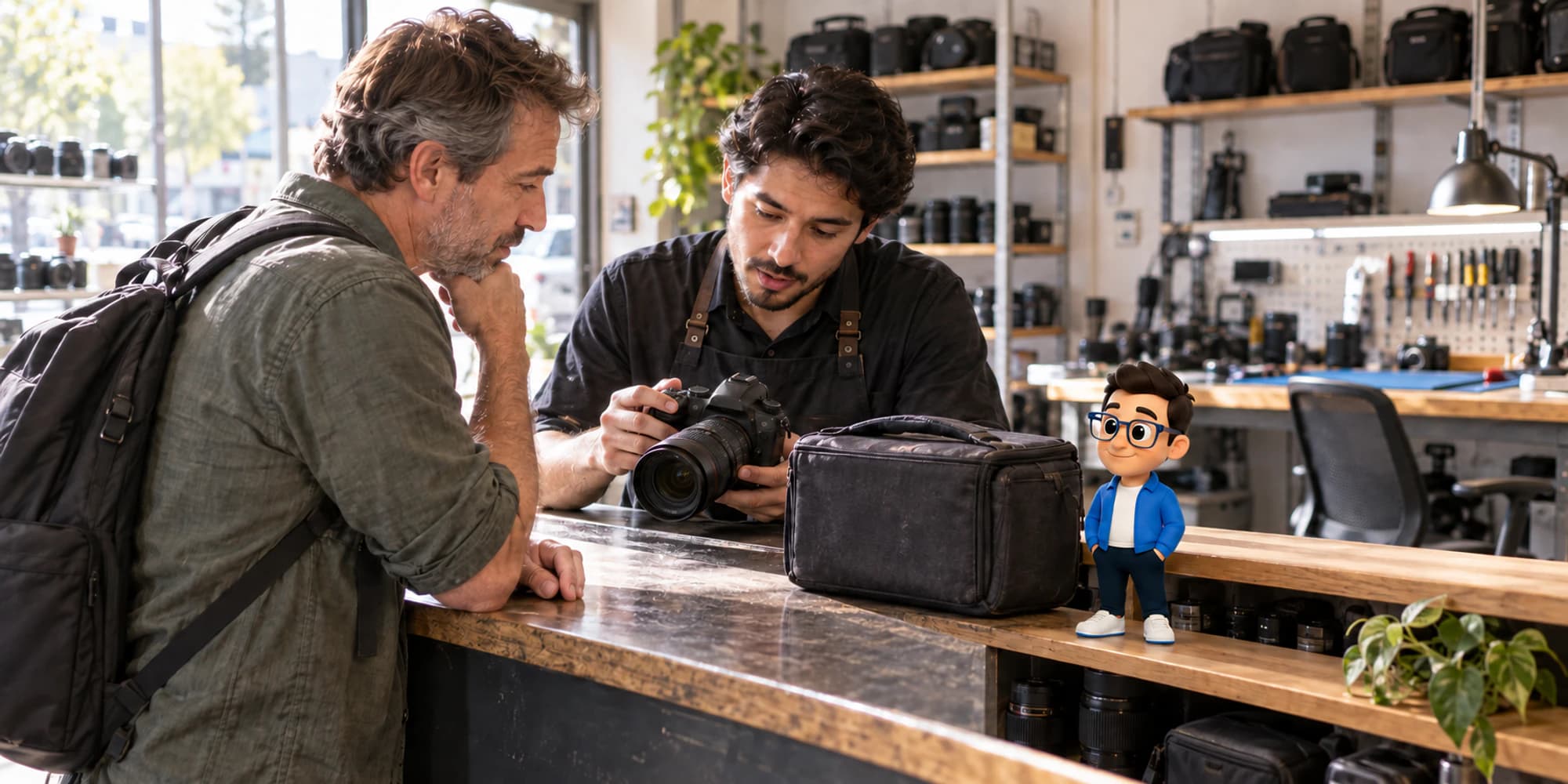 Un fotógrafo que vuelve y un técnico revisan la misma cámara mientras el Guardián del Contexto escucha desde un estante estable.