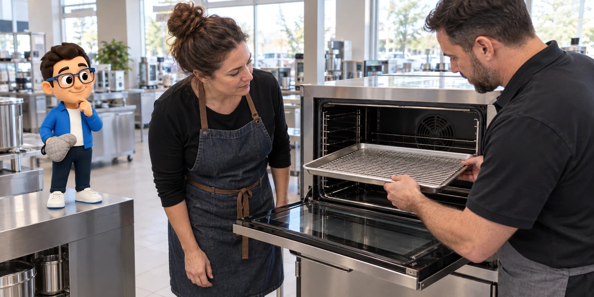 A cafe owner and equipment adviser check a tray inside an open oven while the Context Keeper observes with an oven mitt.