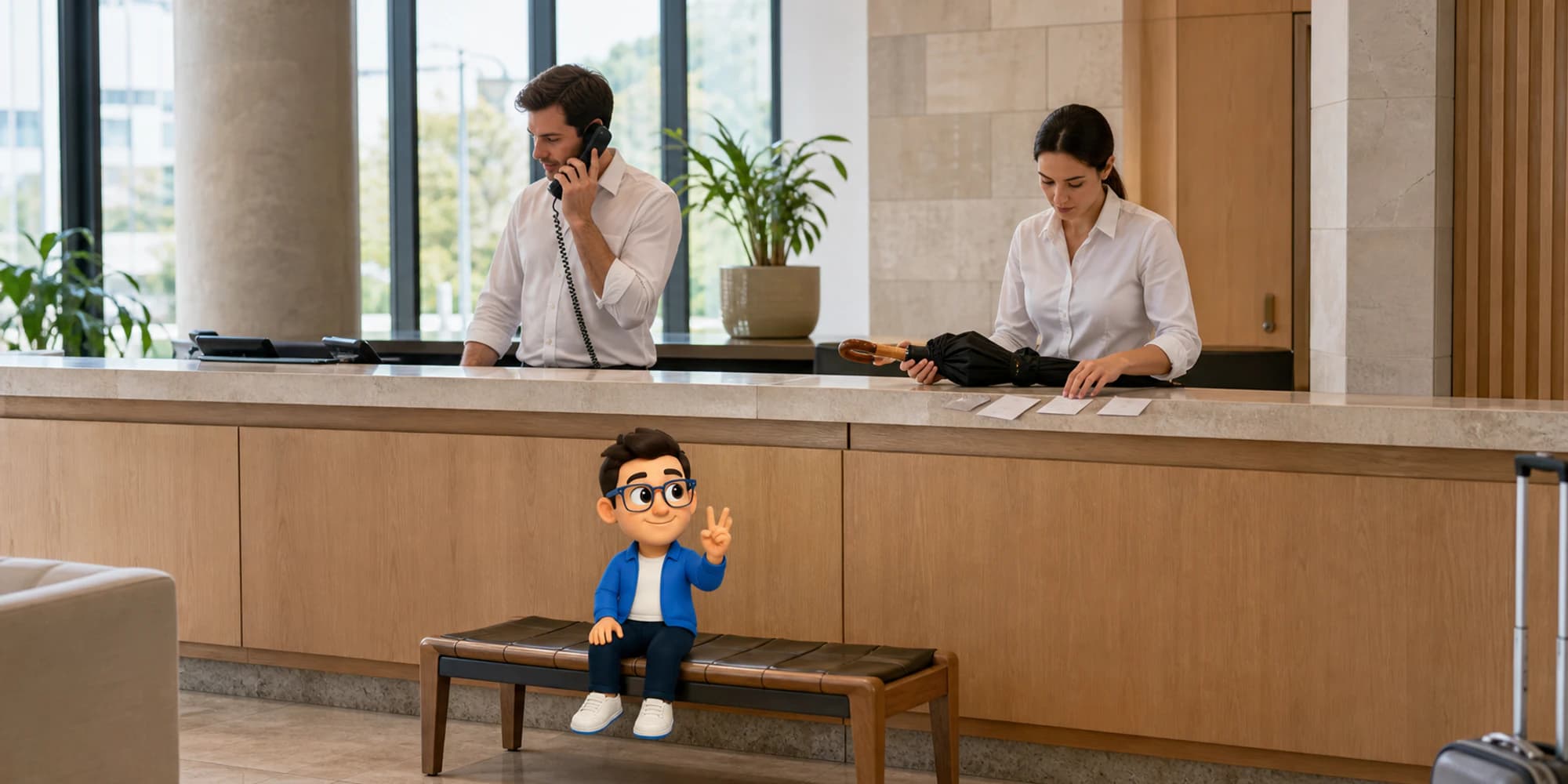 Twee hotelmedewerkers behandelen aparte verzoeken terwijl de Context Keeper toewijzingen telt vanaf een bagagebank.