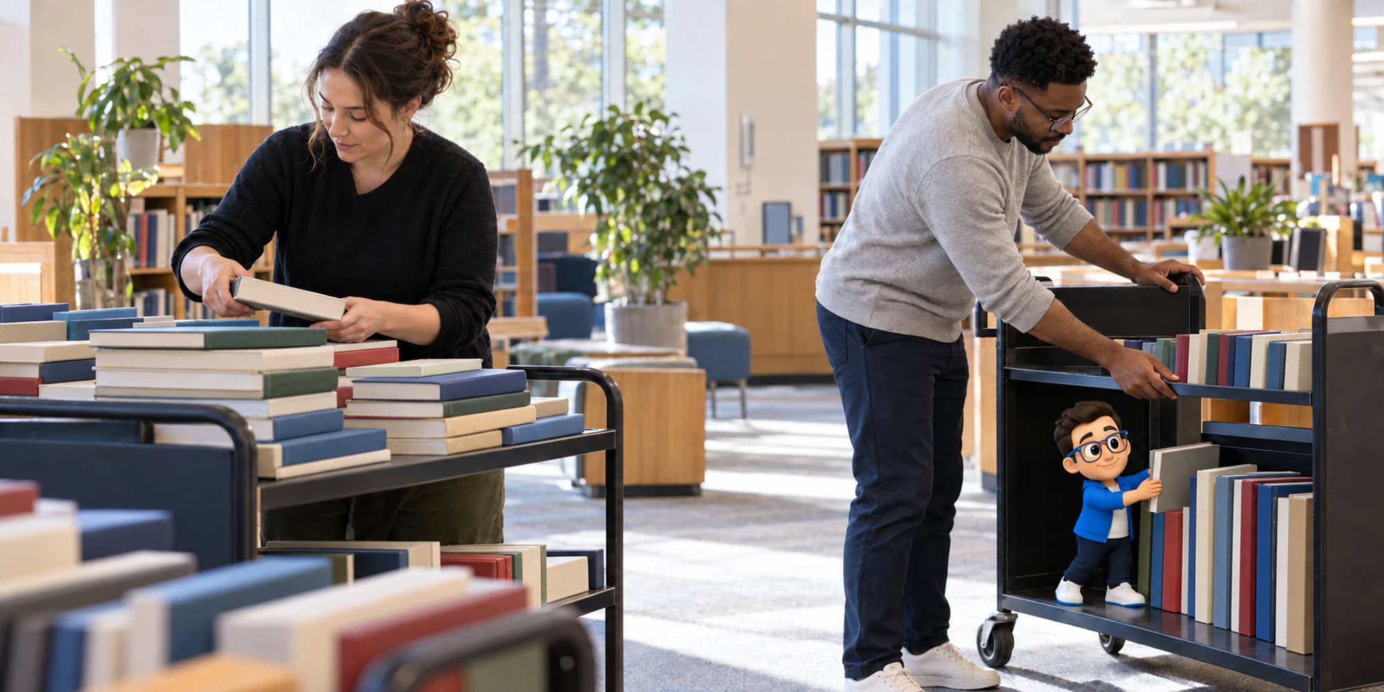 Two librarians sort an unusually large return volume while the Context Keeper files a plain book on a rolling cart.