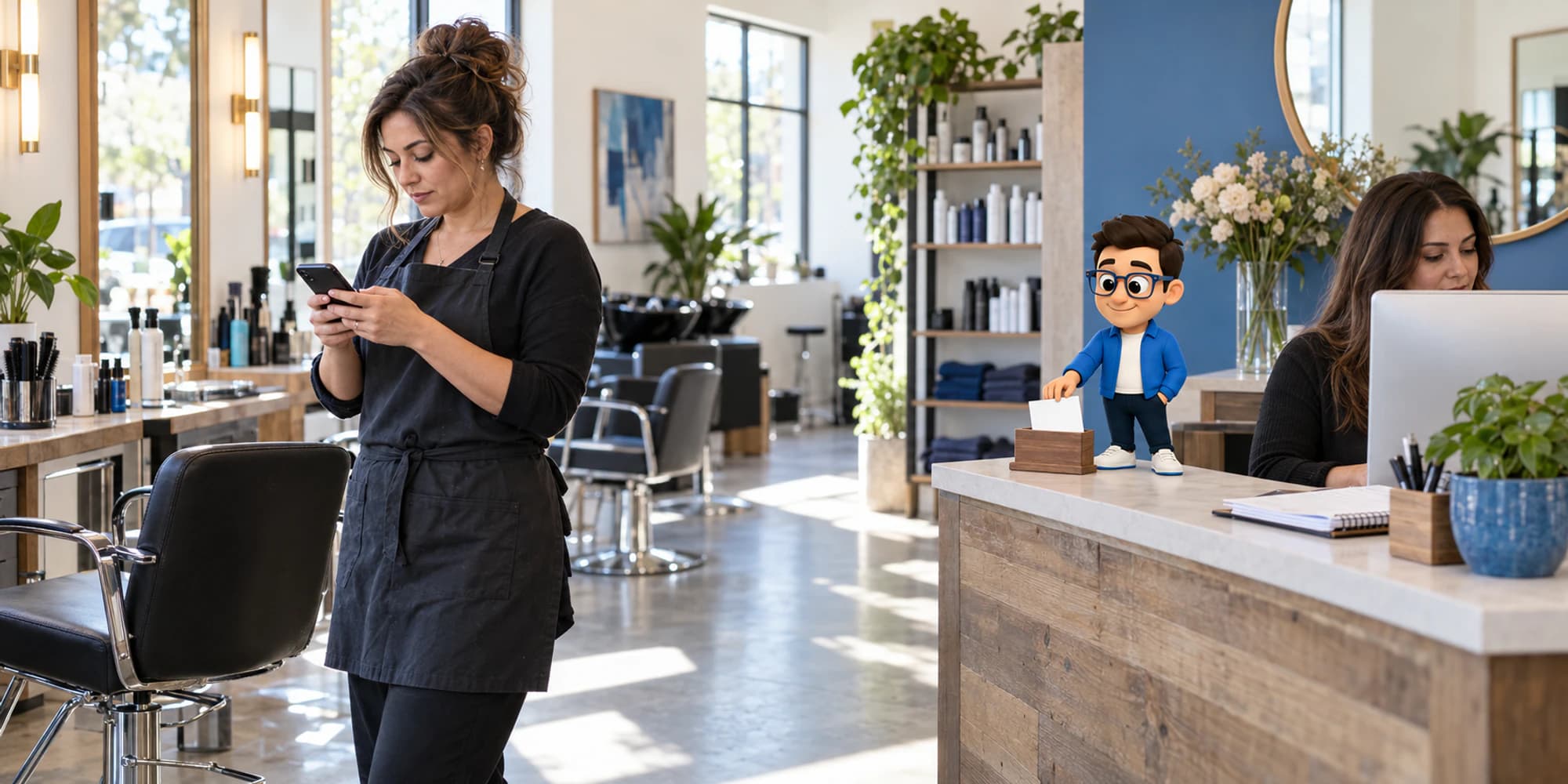 Salon owner keeps using her phone while a receptionist works from a shared desk and the Context Keeper files an appointment card