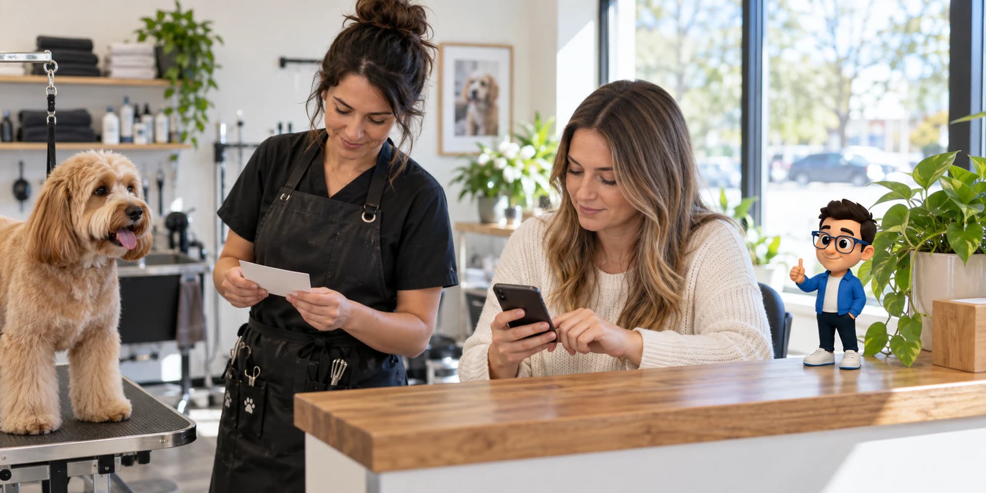 A groomer checks a blank appointment card while a colleague reviews a test message beside a calm dog and the Context Keeper.