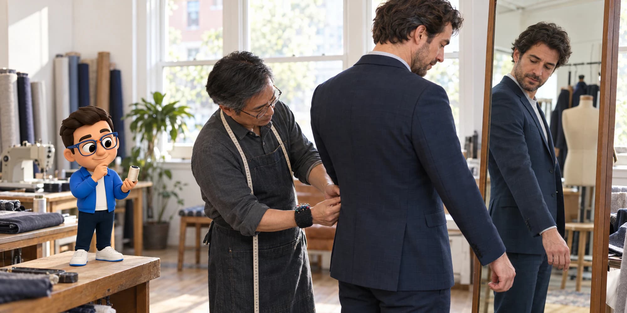 A tailor checks a customer's jacket at a return fitting while the Context Keeper studies a plain spool from a wooden platform.
