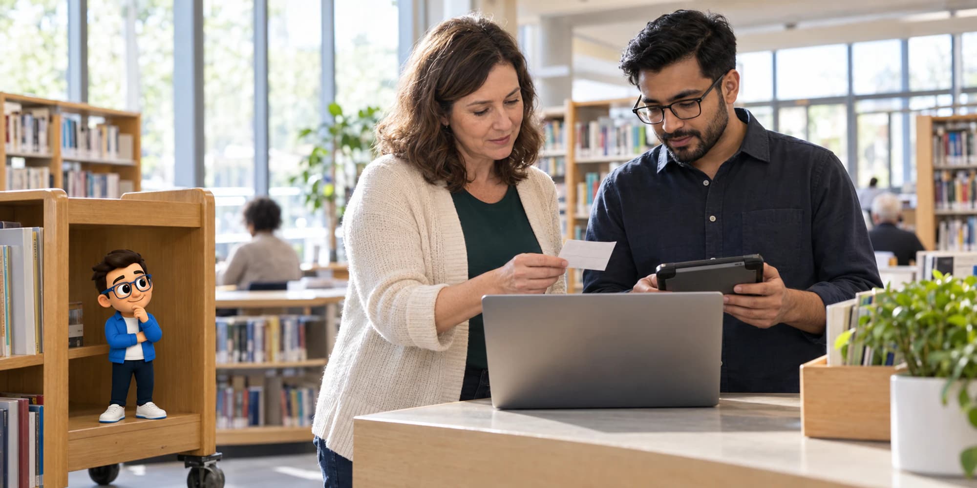 A library service manager and IT administrator validate a customer case while the DripTell Context Keeper listens from a grounded trolley shelf.