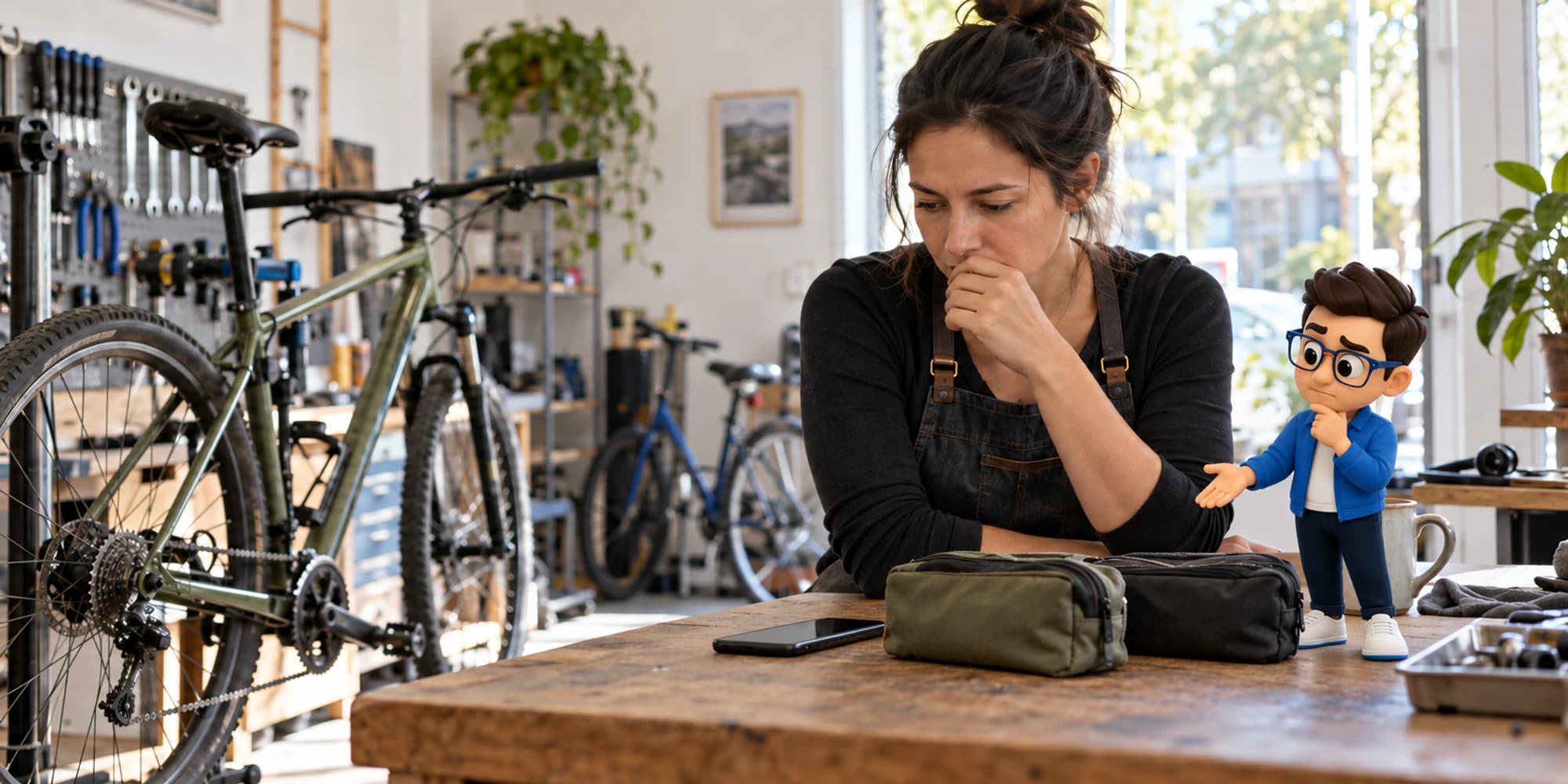 A worried bicycle workshop coordinator reviews two service pouches while one Context Keeper checks them on the bench.