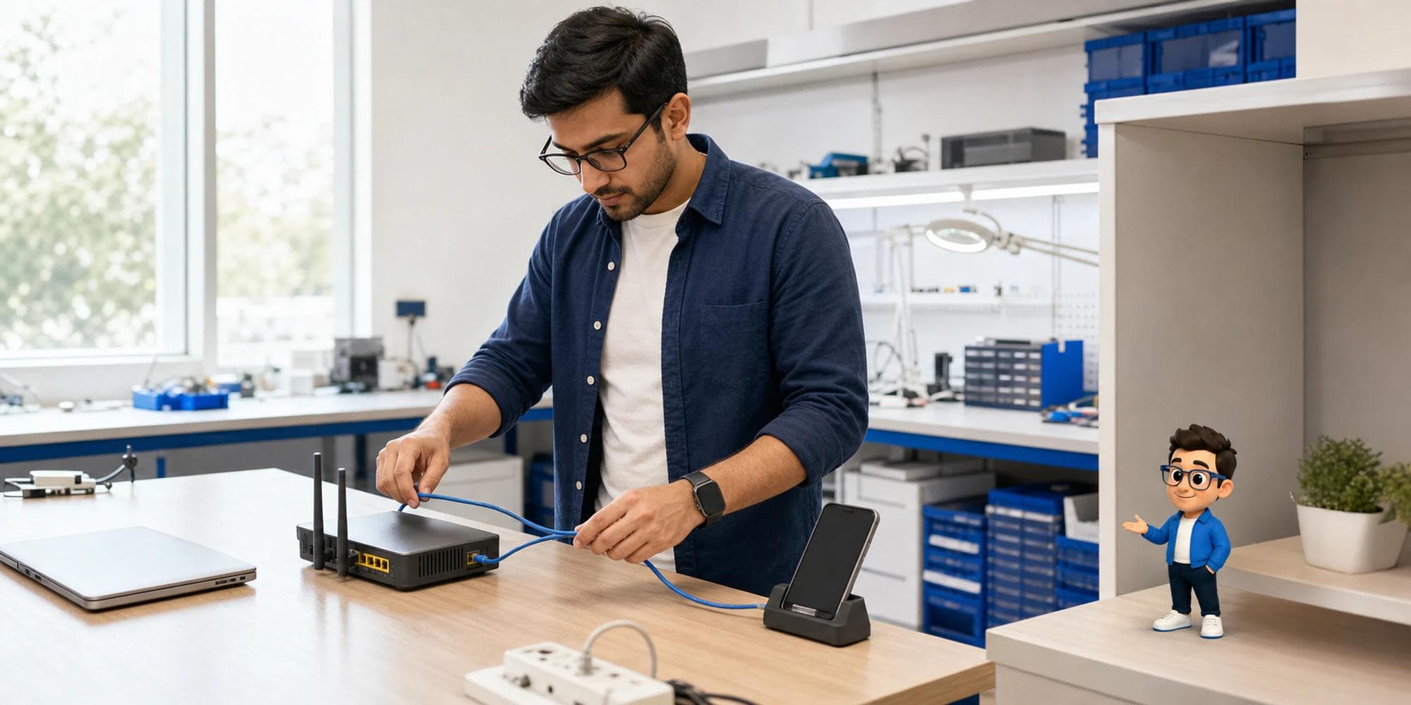 Product engineer tests a router connection beside the Context Keeper