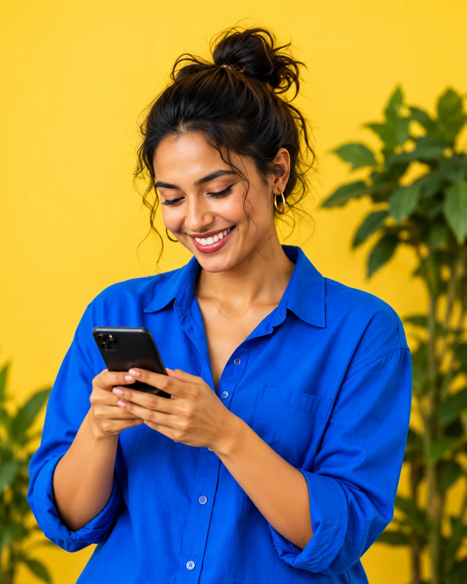 A person smiling while reading a message on their phone